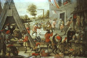 Monos y gatos soldados en un campamento, 1632 de Flemish School